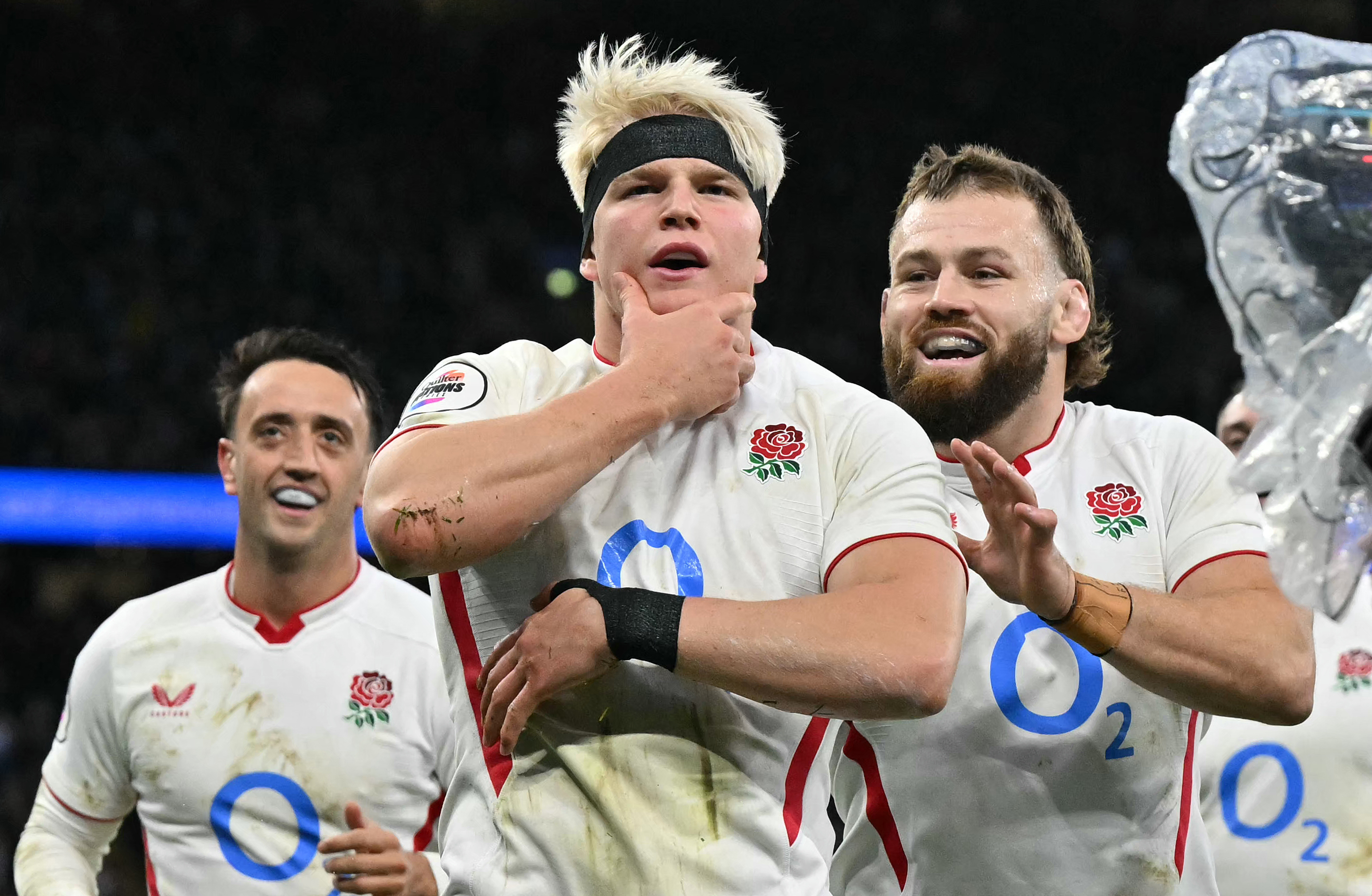 England's Henry Pollock celebrates after scoring the team's third try in the Autumn Nations Series international rugby union match.