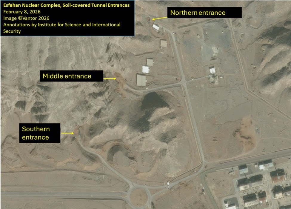 Satellite image showing three soil-covered tunnel entrances at the Esfahan Nuclear Complex.