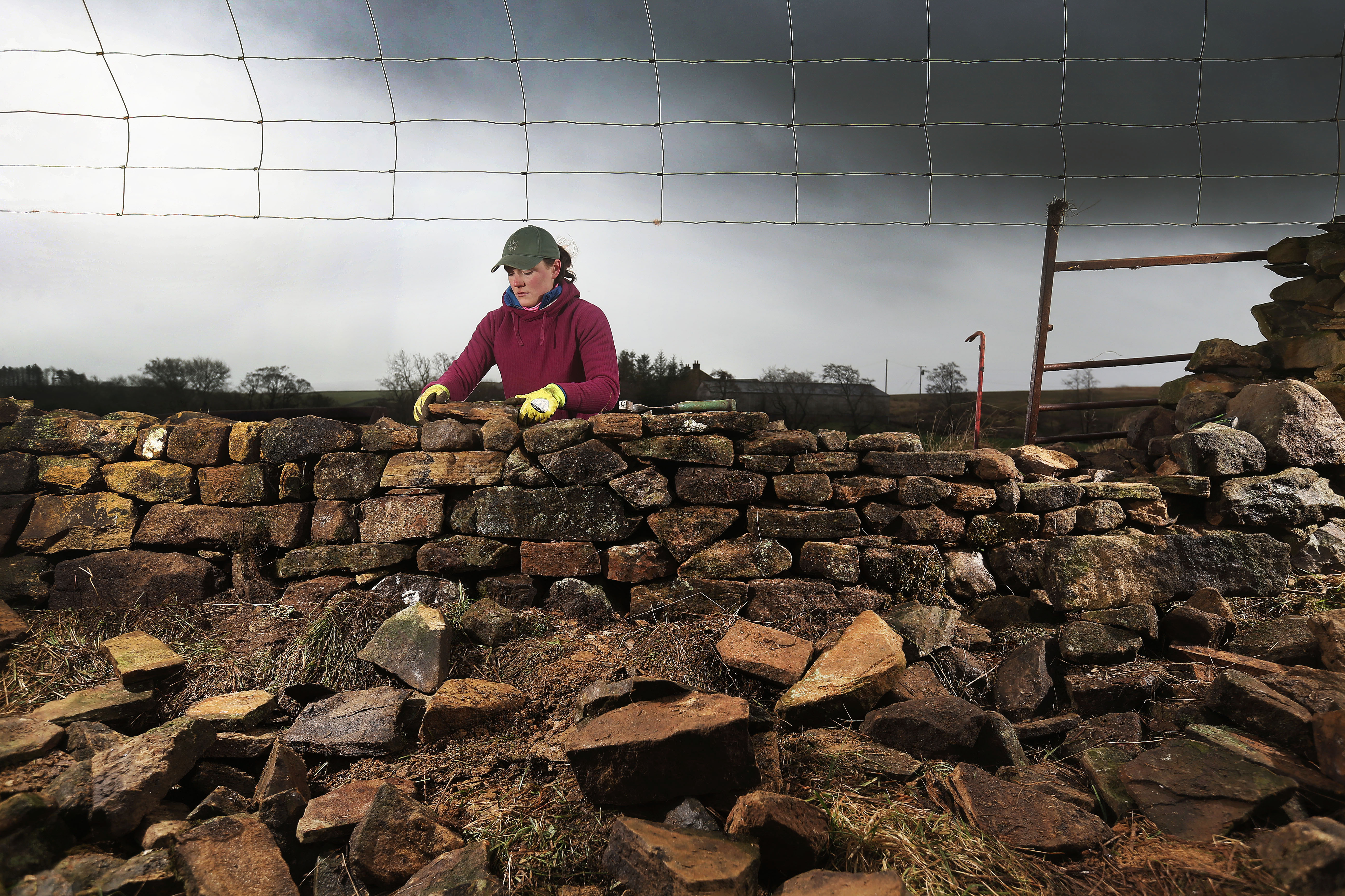 Lizzie Cunningham, a dry stone waller, working on a farm.
