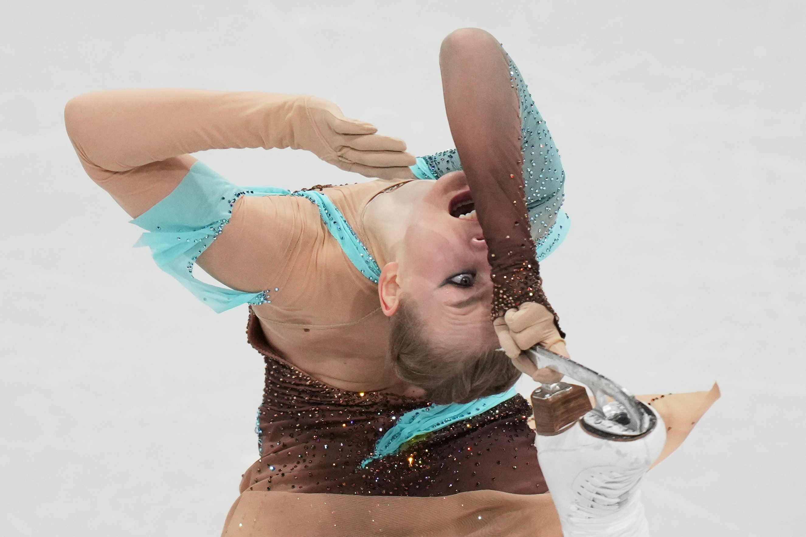 Niina Petrokina of Estonia competing in the women's figure skating free program at the 2026 Winter Olympics.