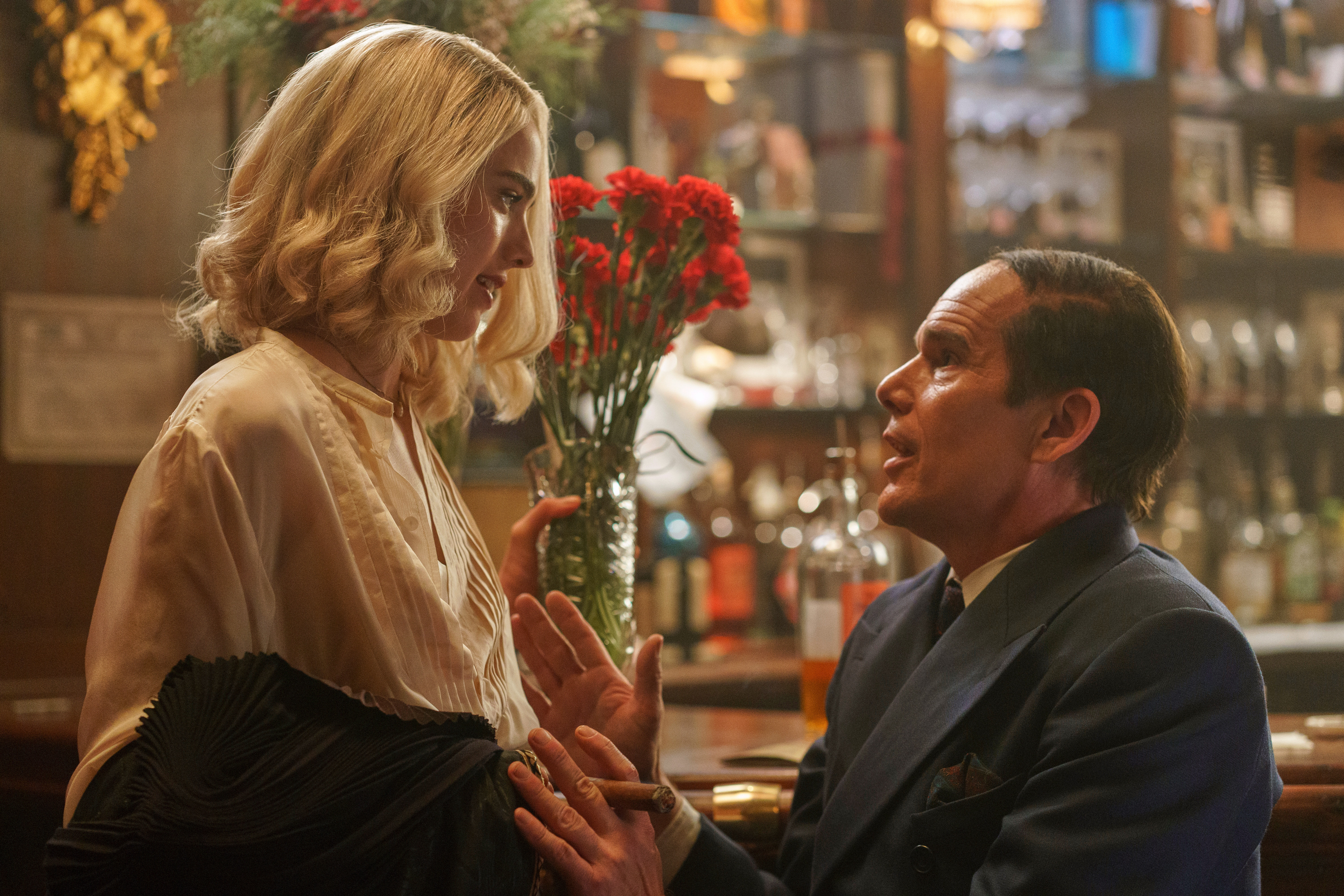 Margaret Qualley and Ethan Hawke in a scene from "Blue Moon."