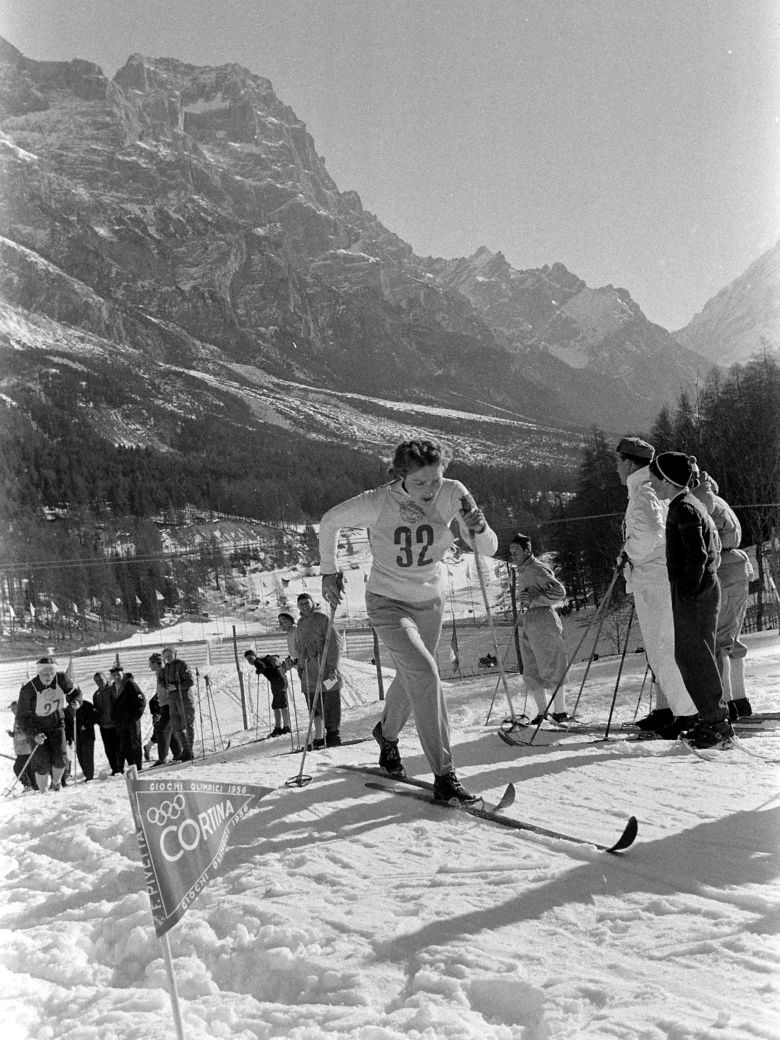 A skier competes at the 1956 Winter Olympics in Cortina d'Ampezzo, Italy.