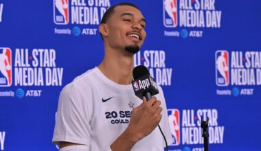 Feb 14, 2026; Los Angeles, CA, USA; 	Team World center Victor Wembanyama (1) of the San Antonio Spurs during a new conference for the NBA All Star game at Intuit Dome. Mandatory Credit: Jayne Kamin-Oncea-Imagn Images
