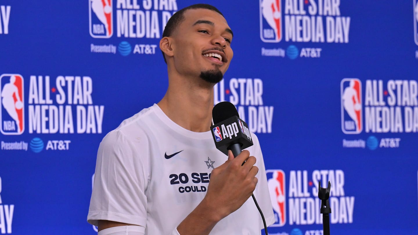 Feb 14, 2026; Los Angeles, CA, USA; 	Team World center Victor Wembanyama (1) of the San Antonio Spurs during a new conference for the NBA All Star game at Intuit Dome. Mandatory Credit: Jayne Kamin-Oncea-Imagn Images