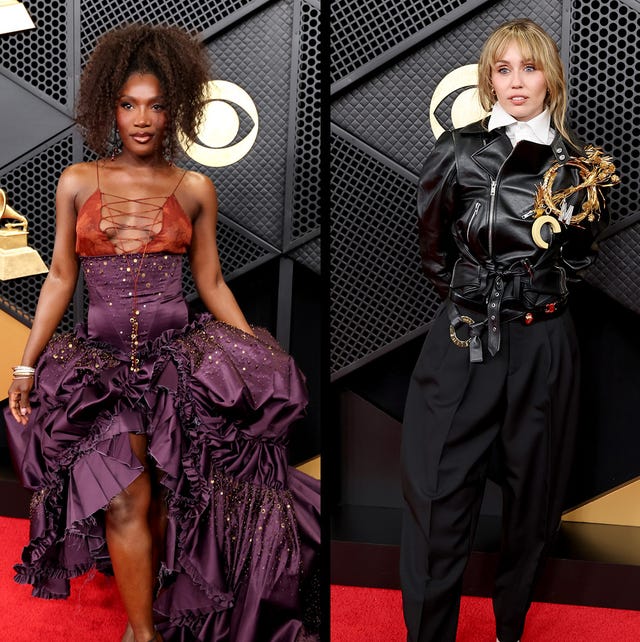 four individuals wearing fashionable outfits on a red carpet