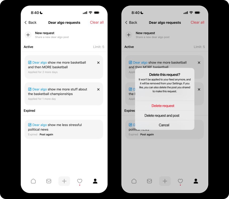 An image showing the user interface of the settings menu within the Dear Algo feature on Threads.