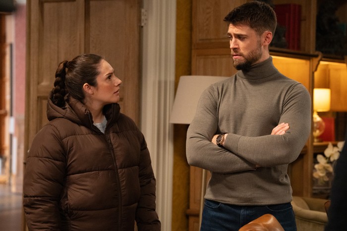 Joe and an angry Victoria have a conversation in a scene from Emmerdale