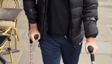 Piers Morgan poked fun at his unkempt appearance while venturing out on crutches gifted by pal Amanda Holden for the first time on Monday following hip replacement surgery