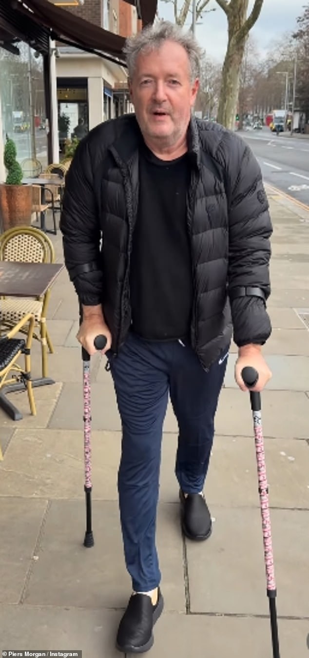 Piers Morgan poked fun at his unkempt appearance while venturing out on crutches gifted by pal Amanda Holden for the first time on Monday following hip replacement surgery