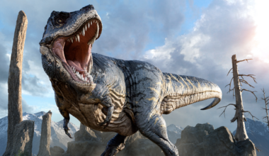 a tyrannosaurus rex opens its mouth on a roar as it prowls a barren landscape