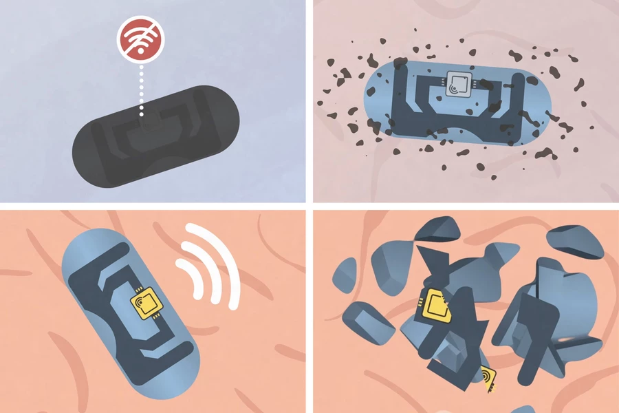 The outer layer of the capsule is made from gelatin coated with materials that block any radio frequency signal from being emitted (top left). Once the capsule is swallowed, the coating breaks down, releasing the drug along with the RF antenna (top right and bottom left). The materials are bioresorbable (bottom right).