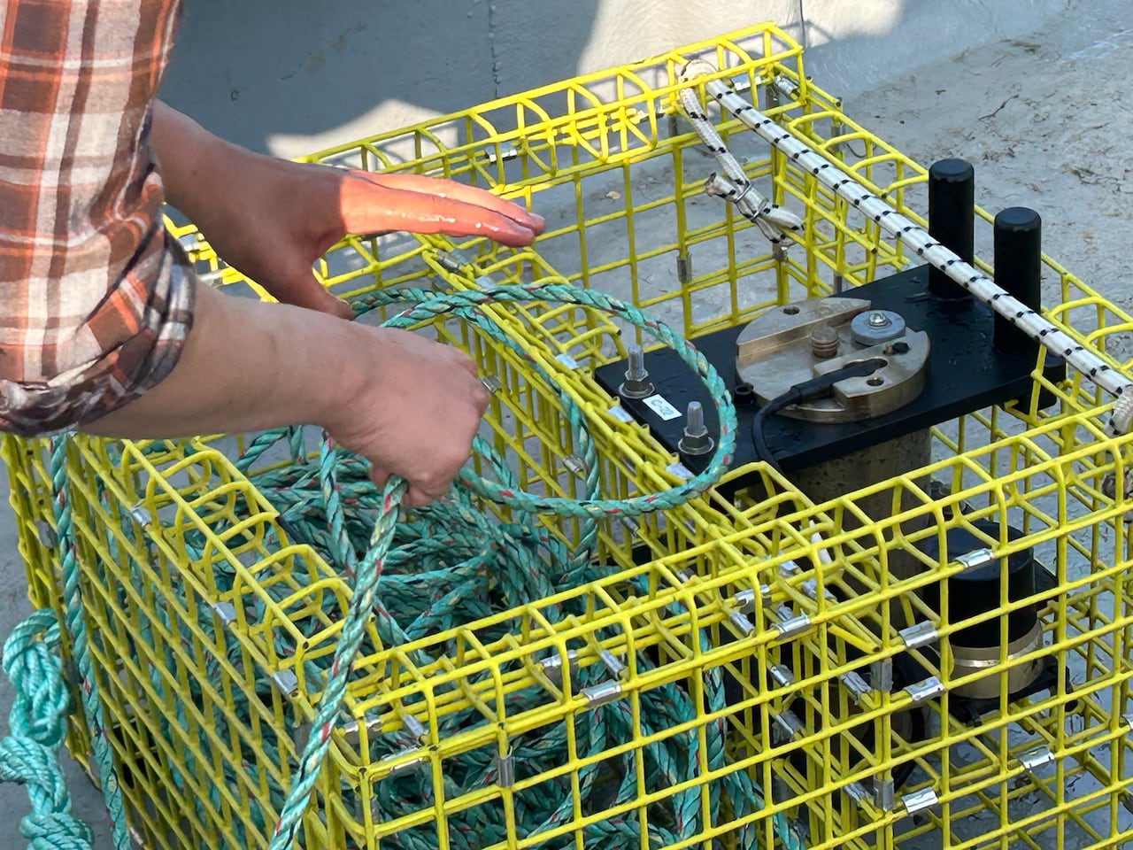 A fishing system where the rope is contained in a cage.