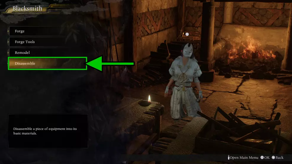 The disassemble button at the Blacksmith in Nioh 3.