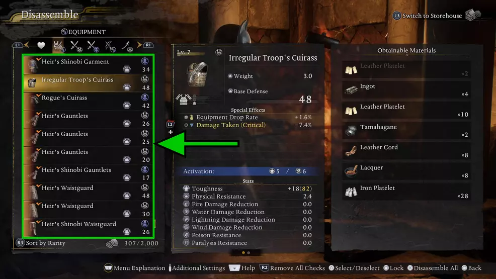 Selecting items to disassemble in Nioh 3.