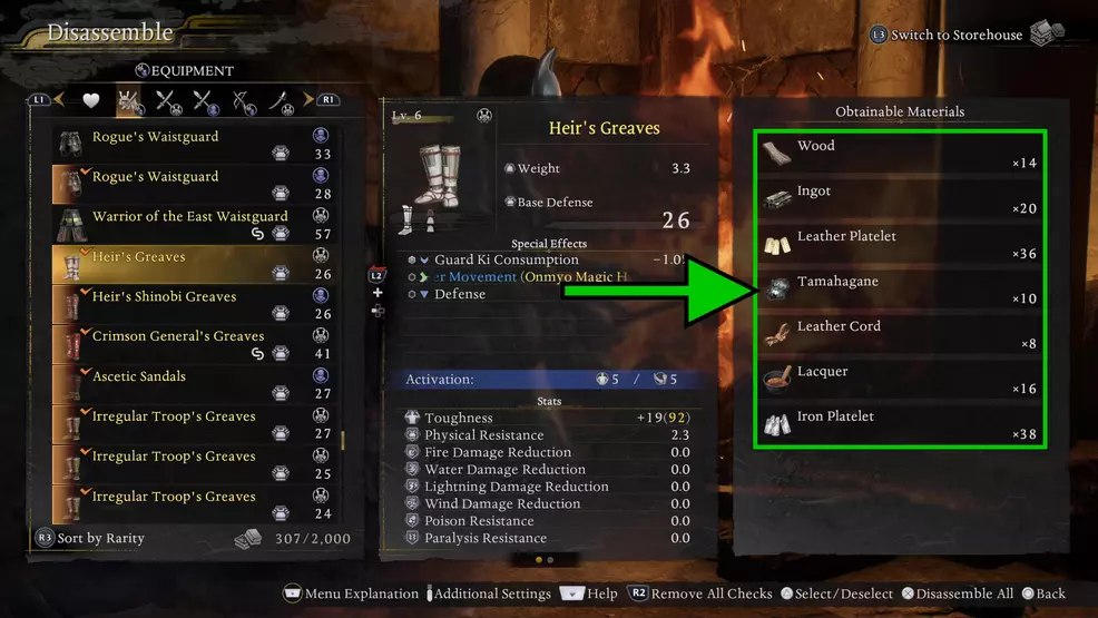 Materials earned from disassembling equipment in Nioh 3.