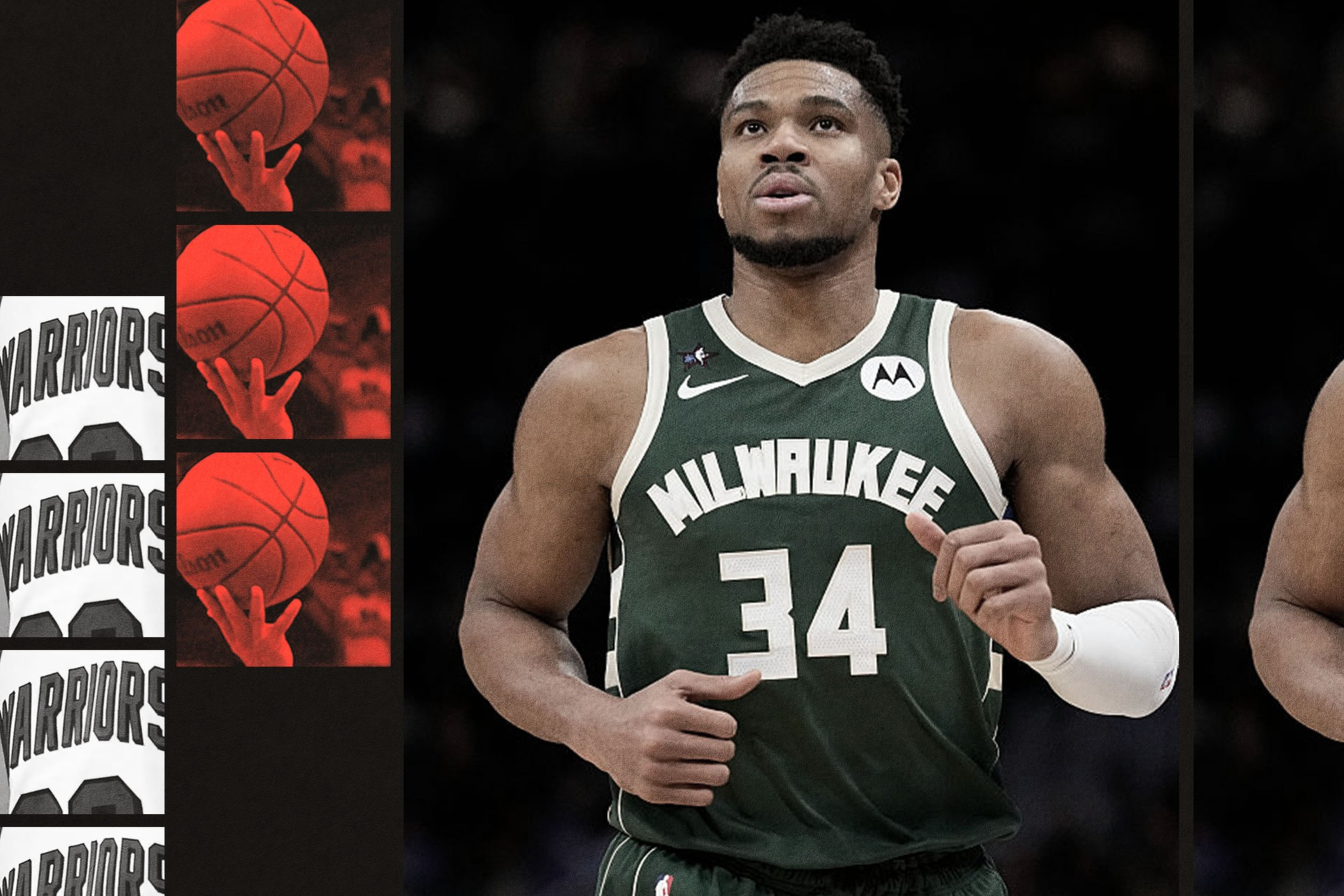 A basketball player in a green Milwaukee Bucks jersey numbered 34 is running on the court, with images of basketball shots and Warriors jerseys on the left.