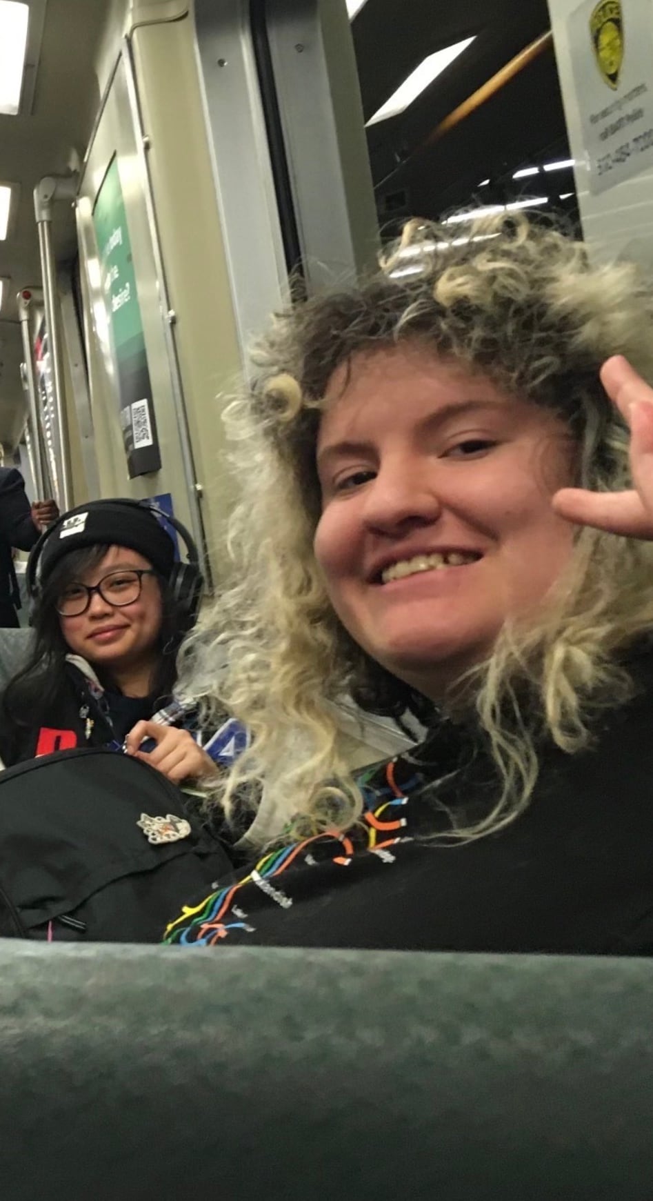 Two people on a train, with the person on the right flashing a peace sign to the camera.