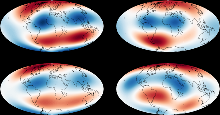 Simulated maps of Earth's magnetic field (left) can only be made to look like those of the real field (right) if Earth's core is assumed to have hot blobs of rock sitting directly on top of it.