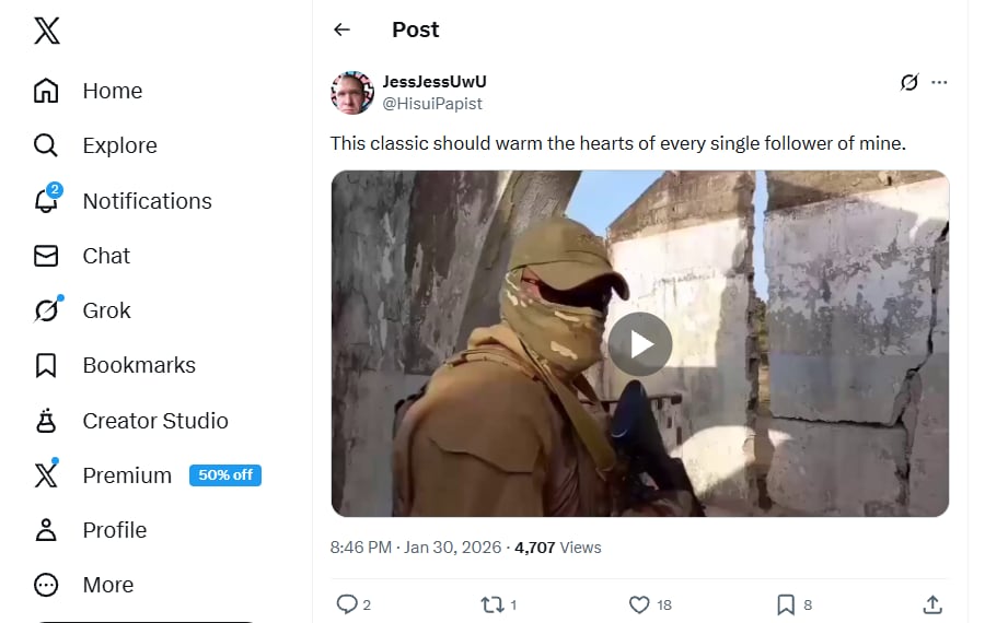 An X user posts a video of a masked man in a gun with the text, "This classic should warm the hearts of every single follower of mine." 