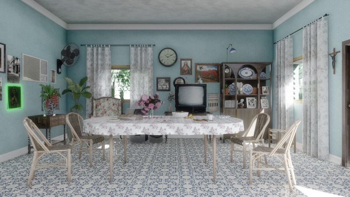 A rendering of the interior of Bad Bunny's casita from the Super Bowl halftime show