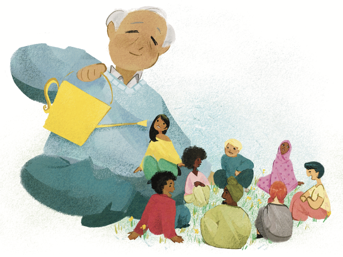 An older man waters his village of friends and neighbors with a watering can.