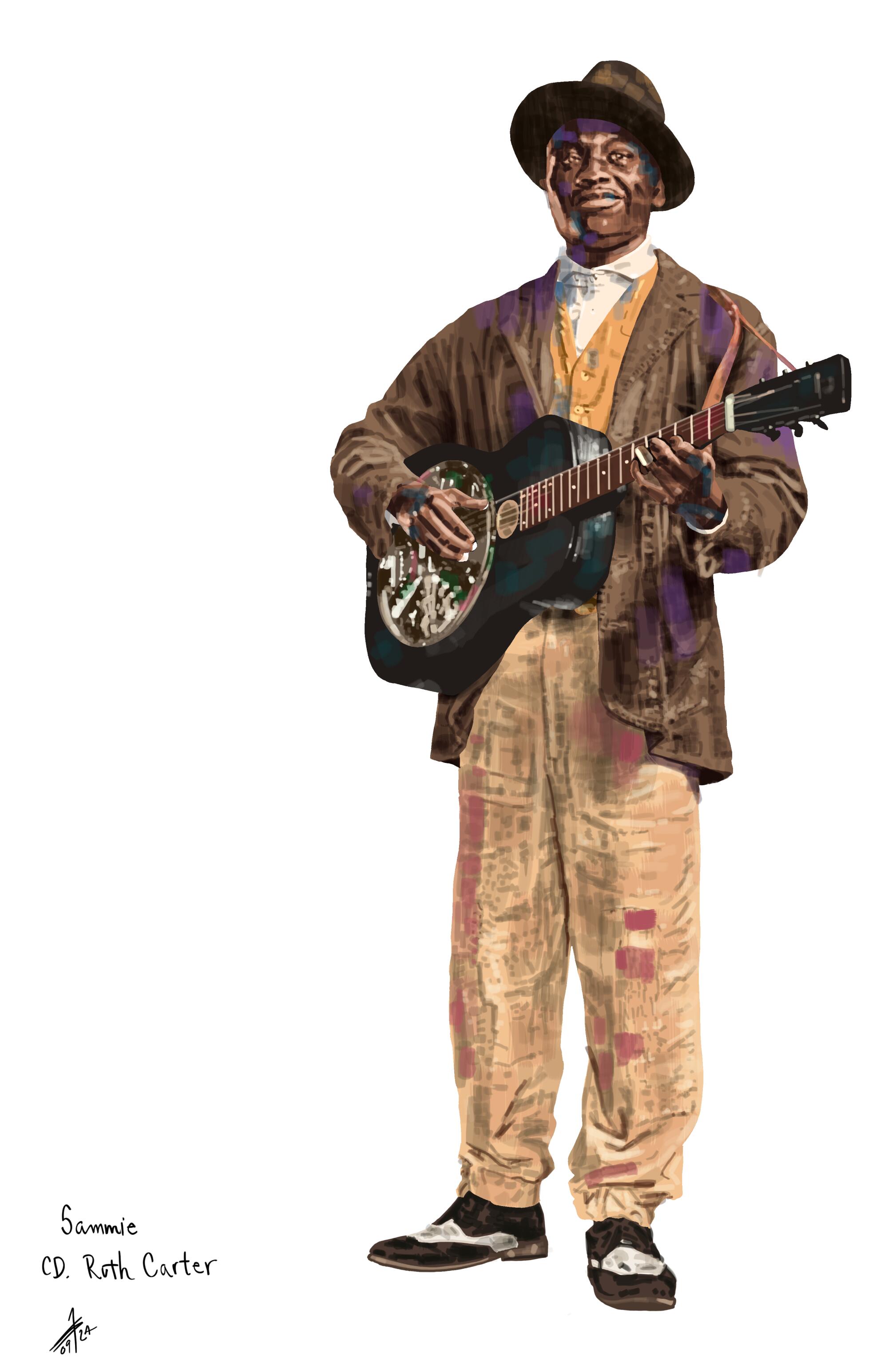 A sketch of Sammie's bluesman-inspired costume in "Sinners."