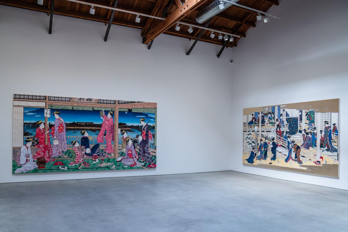 Two large paintings on a gallery wall.