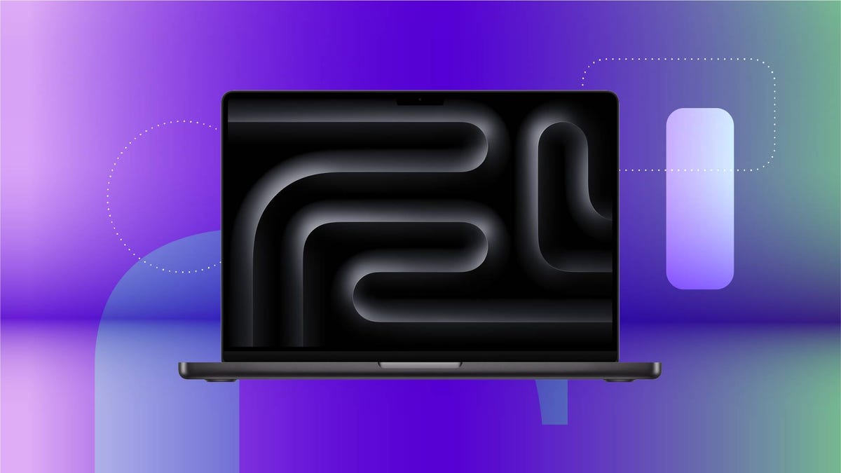 An open laptop with a black screen is featured against a purple CNET background.