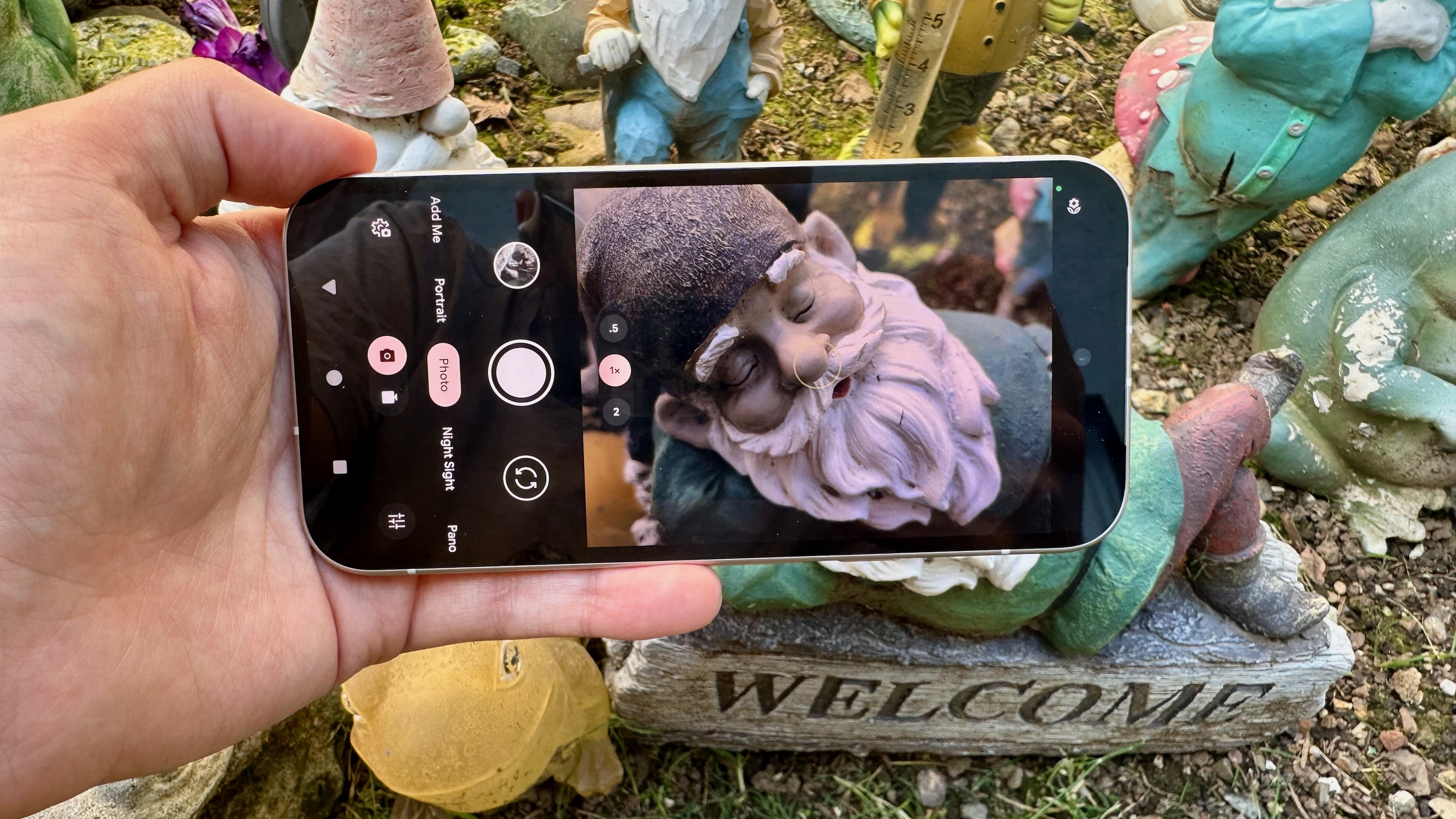 The Google Pixel 9a camera viewfinder, with a close-up of a gnome thanks to the Macro Focus mode.