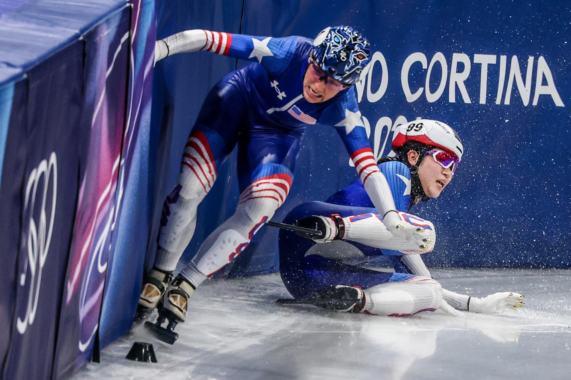 USA skaters Eunice Lee and Corinne Stoppard of crash in the Women’s 3,000m group B short track speed skating.