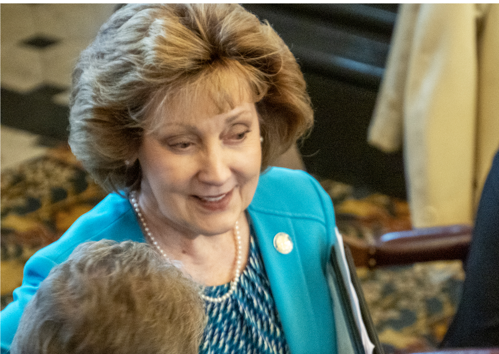  Sen. Brenda Dietrich, R-Topeka, is a leading advocate of a Kansas Senate bill that seeks to bring greater state regulation to pharmacy benefit managers operating in Kansas. She says the measure, passed 32-8 by the Senate, is crafted to deliver transparency to PBMs and address the "unfair and frightening" power of PBMs over local pharmacies in Kansas. (Photo by Sherman Smith/Kansas Reflector)