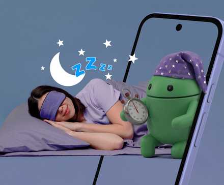 Android mascot holding a stopwatch next to a sleeping woman, appearing from a smartphone screen.