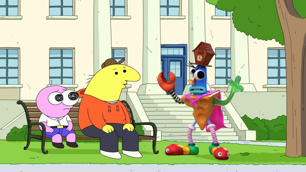 two people on a bench talking to a silly man in a cape