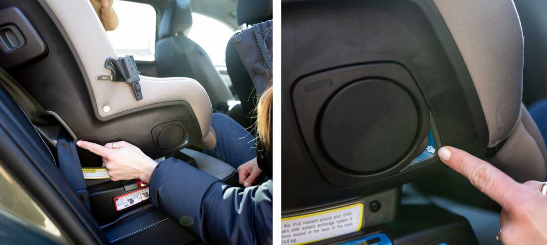 Convertible or all-in-one car seats have two sets of belt paths: one for the forward-facing position, shown on the left, and one for the rear-facing position, shown on the right.