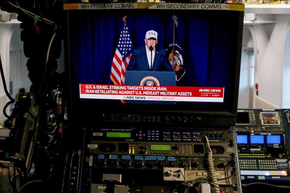 Video of President Trump's announcement of U.S. strikes on Iran airs in the White House James S. Brady Press Briefing Room on February 28, 2026.