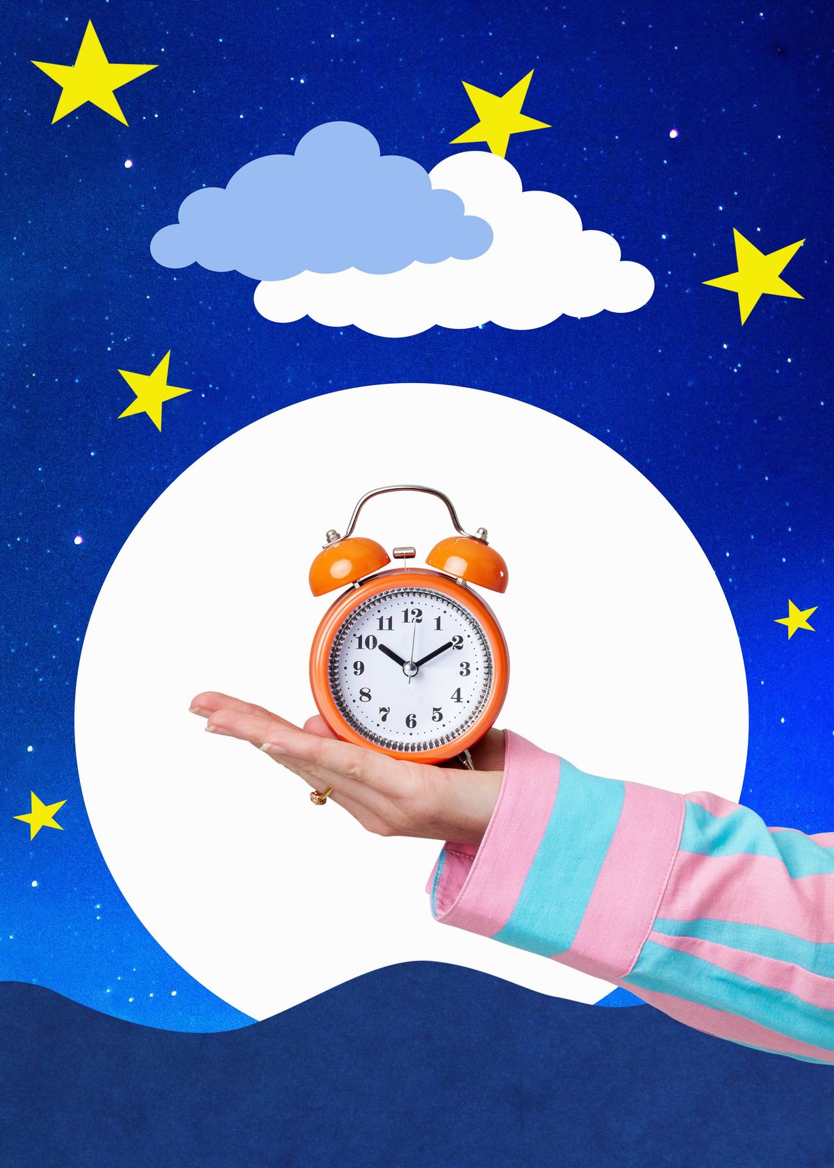 Woman holding alarm clock surrounded by night sky and stars