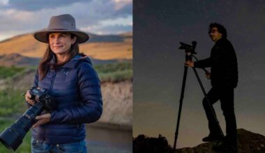 Split image: Left side shows a woman in a hat and puffy jacket holding a camera outdoors at sunset; right side shows a silhouette of a person using a camera on a tripod under a starry night sky.