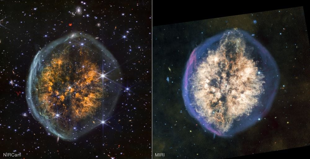 These are both JWST images of the Exposed Cranium Nebula (PMR 1). The image on the left is from the JWST's NIRCam, while the image on the right is from MIRI. While the nebula itself is a fascinating, the images also highlight the different capabilities of each instrument. Image Credit: NASA, ESA, CSA, STScI; Image Processing: Joseph DePasquale (STScI)