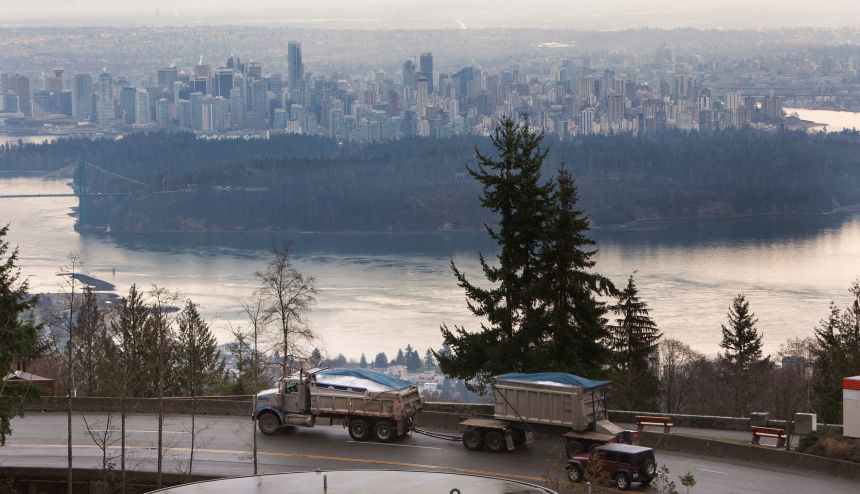 A truck transports snow to Cypress Mountain, the snowboarding and freestyle skiing venue for the 2010 Vancouver Games.