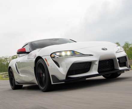 Front 3/4 action shot of a 2020 Toyota GR Supra Launch Edition
