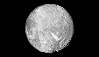 Miranda, as imaged by Voyager 2 on Jan. 24, 1986.