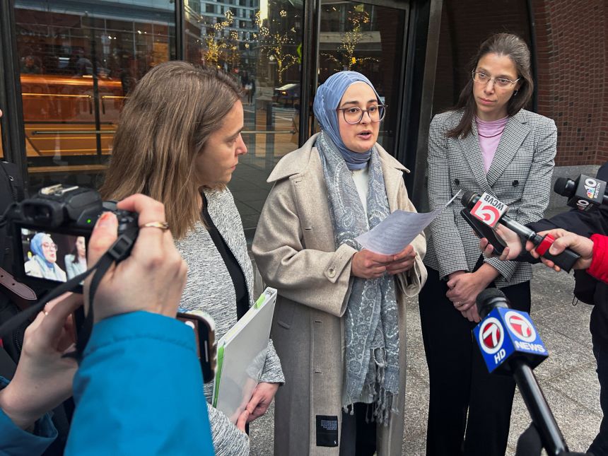 Rümeysa Öztürk speaks to reporters after urging a federal judge to order the Trump administration to restore her student visa record, outside the federal court in Boston, Massachusetts, on December 4, 2025