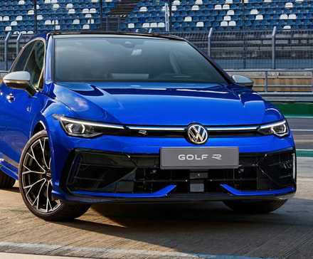 2025 Volkswagen Golf R in Blue parked on racetrack