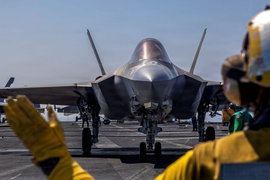 A US Marines F-35C Lightning II prepares to launch from the flight deck of the USS Abraham Lincoln in the Arabian Sea on February 15.