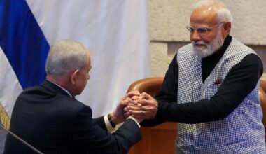 Israeli Prime Minister Binyamin Netanyahu greets India’s Prime Minister Narendra Modi, during a special session of the Knesset, Israel’s parliament, in Jerusalem February 25, 2026.