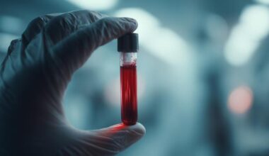 Gloved hand holding a test tube with blood.