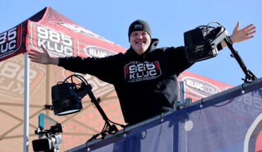 Chet Buchanan of KLUC-FM atop a 30-foot scaffolding during his toy drive in the NV Energy parki ...