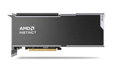 A product image of an AMD Instinct GPU graphics card with the label AMD INSTINCT on it against a white background.