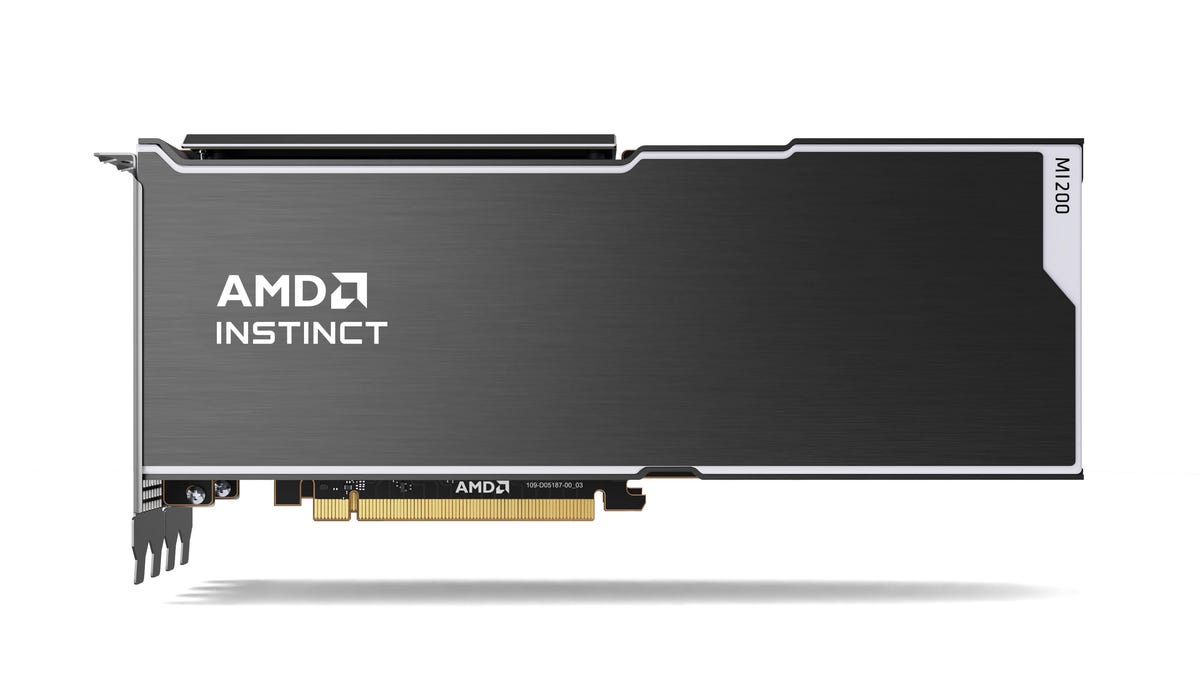 A product image of an AMD Instinct GPU graphics card with the label AMD INSTINCT on it against a white background.