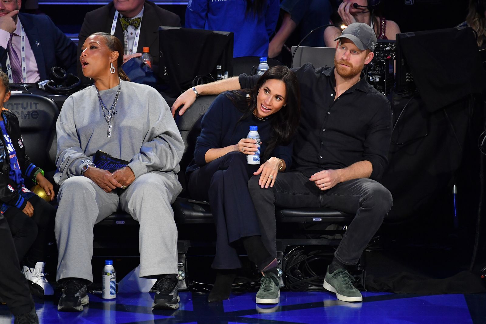 Queen Latifah Meghan Duchess of Sussex and Prince Harry Duke of Sussex attend the 75th NBA AllStar Game at Intuit Dome...